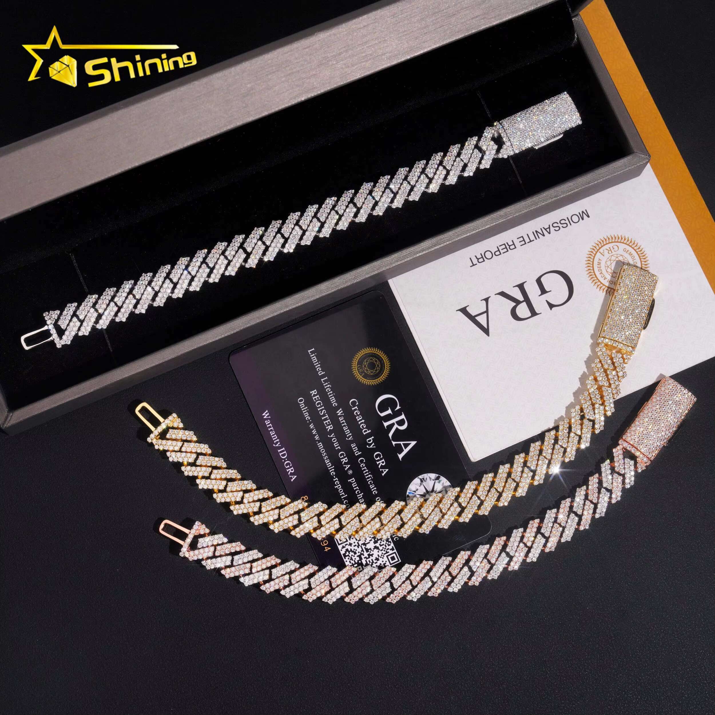 12mm 2Rows High Quality Moissanite Diamond Hip Hop Bracelet Mens 925 Silver Iced Out Cuban Link Bracelet With GRA Certificate