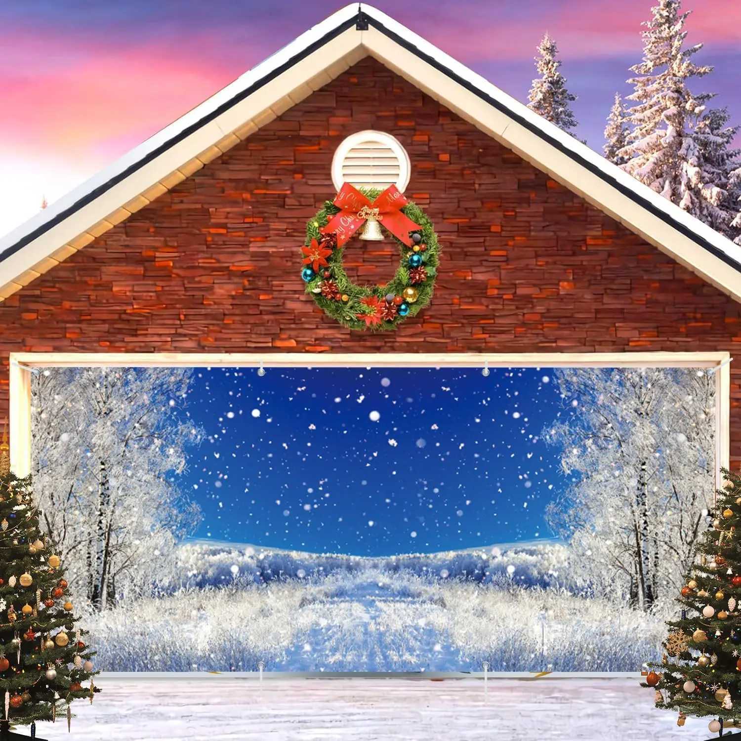 Winter Garage Door Decoration Banner Snowy Forest Backdrop Christmas Winter Festival Party Large Hanging Photography BackgroundM251125