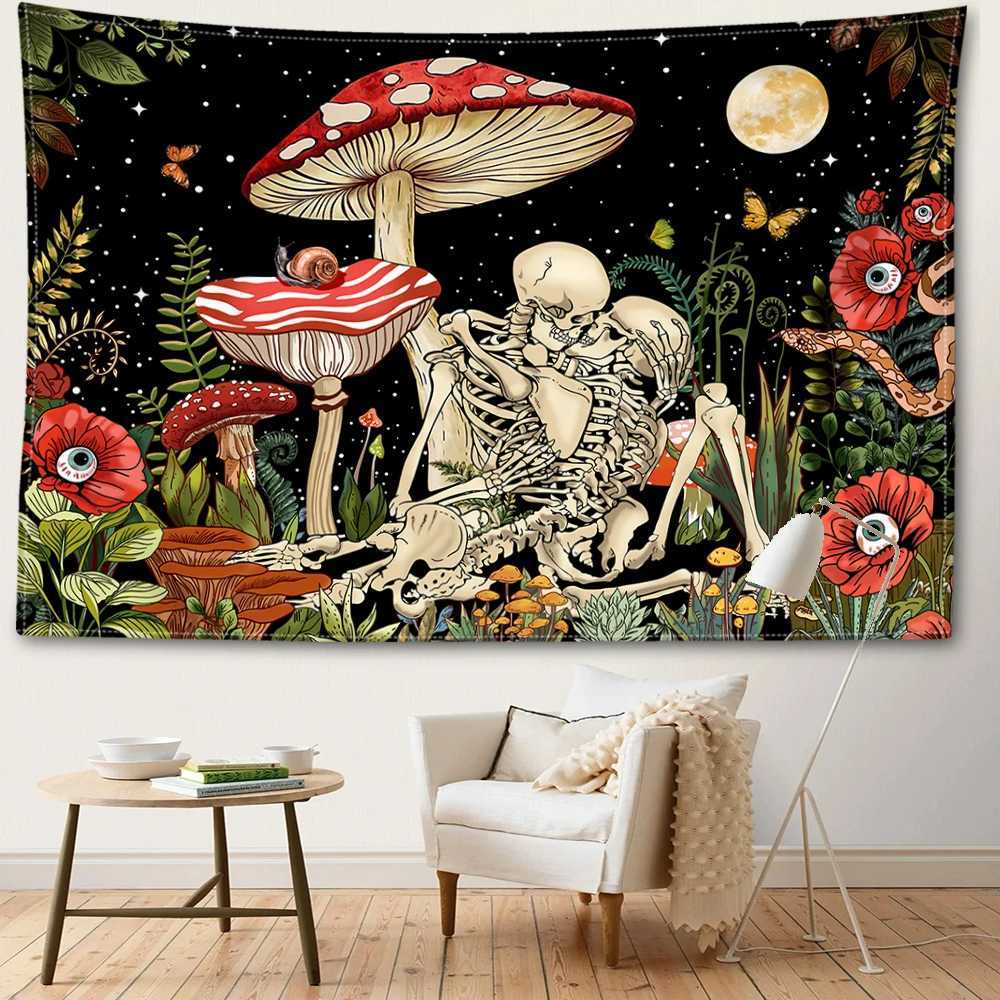 Mushroom And Skeleton Tapestry Wall Hanging Psychedelic Witchcraft Hippie Abstract Scenery Dormitory Bedroom Home DecorM251125