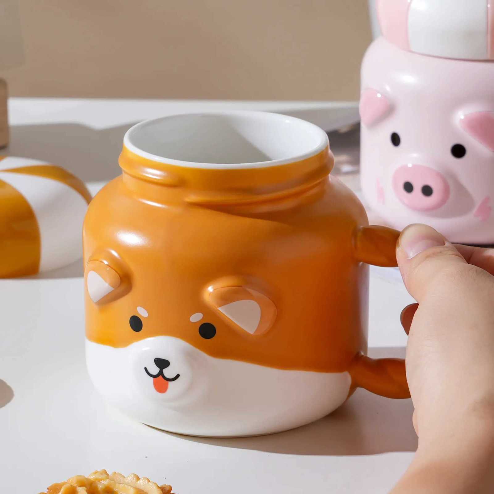 Capped mug Imitation thermos shaped casual cup Little Bear Ceramic Big Belly Cup Company Drinking mug Home breakfast milk cups Y251125
