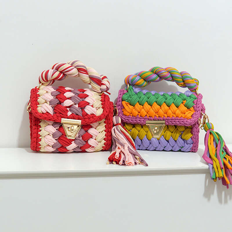 designer Hot Sale Woven Color-Block Handmade DIY Finished Fabric Strip Yarn Crochet Crossbody Bag