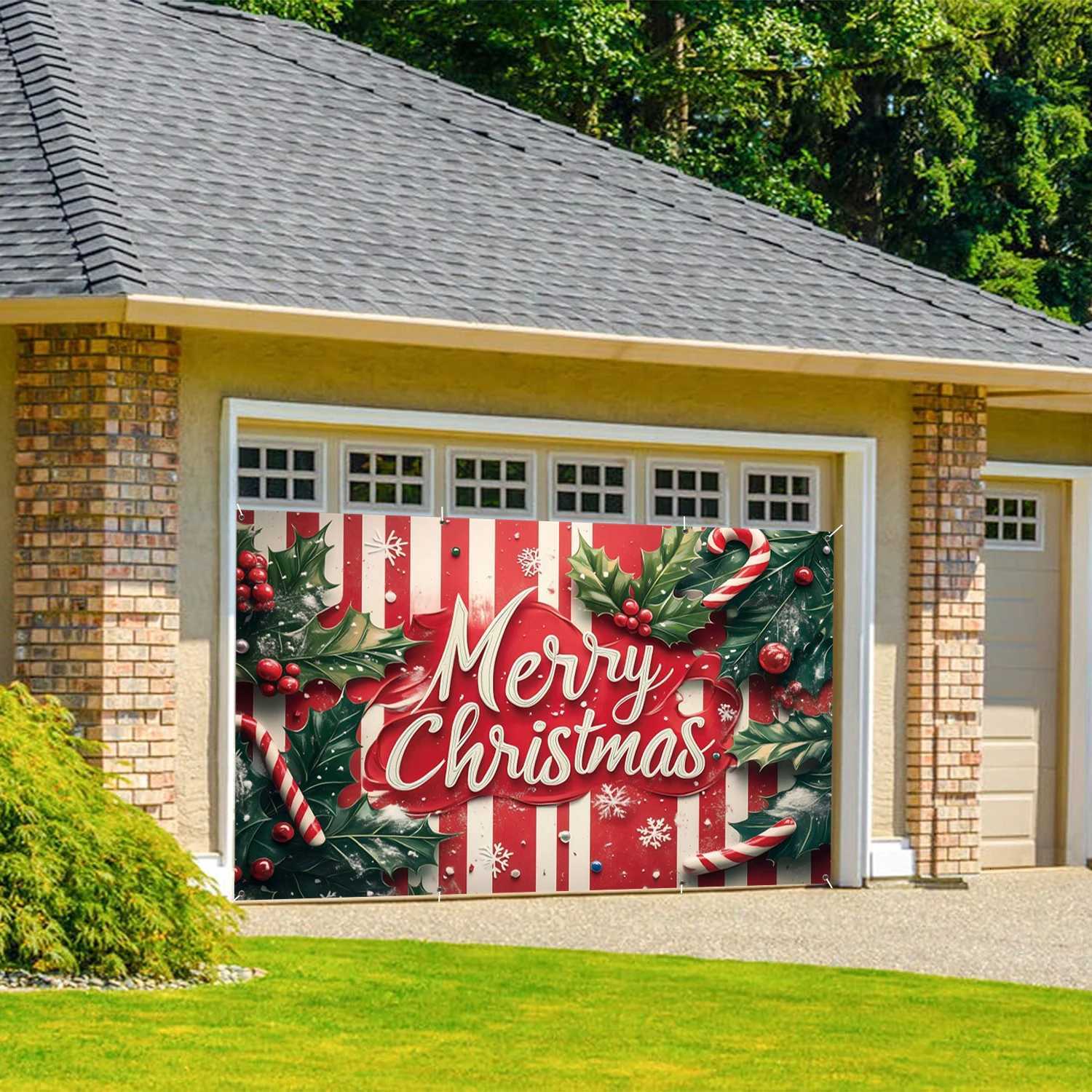 Merry Christmas Outdoor Backdrop Sweet Candy Green Leaf Design Home Courtyard Large Banner Garage Door Background DecorationM251125