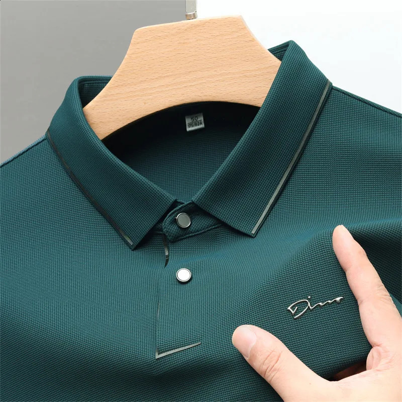 High end ice silk long sleeved fashionable letter printed polo shirt autumn trend mens lapel T-shirt casual top 250422