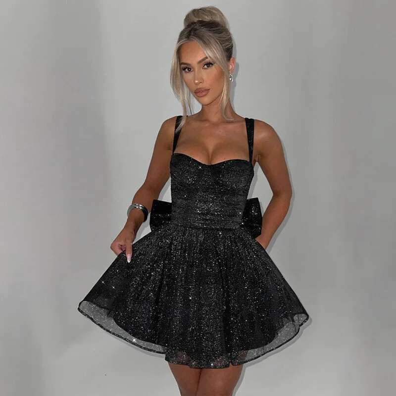 Dongdumaoyi Townlike Bow Sparkle Glitter Sexy Party Dress Women Spaghetti Strap Mini Spring Summer Waist Wrap A Line Dresses