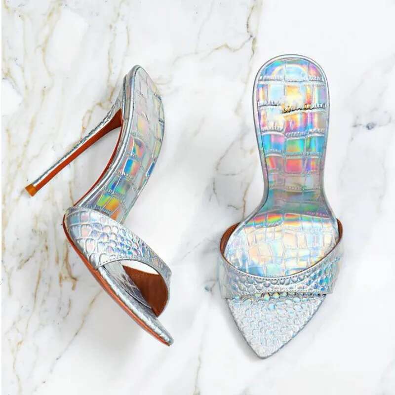 Summer new rivet laser patent leather suede satin sexy fashion slippers thin high-heeled banquet dress large size women's sandal
