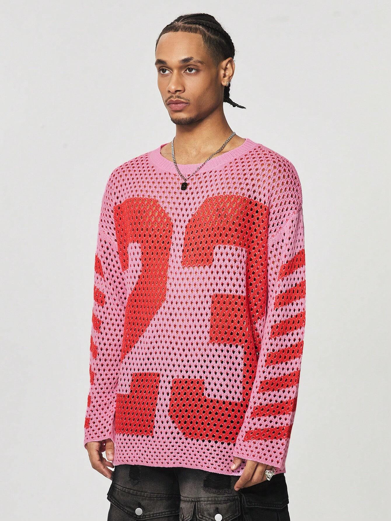 Men's Number Pattern Hollow Breathable Long Sleeve Knitted Sweater, School