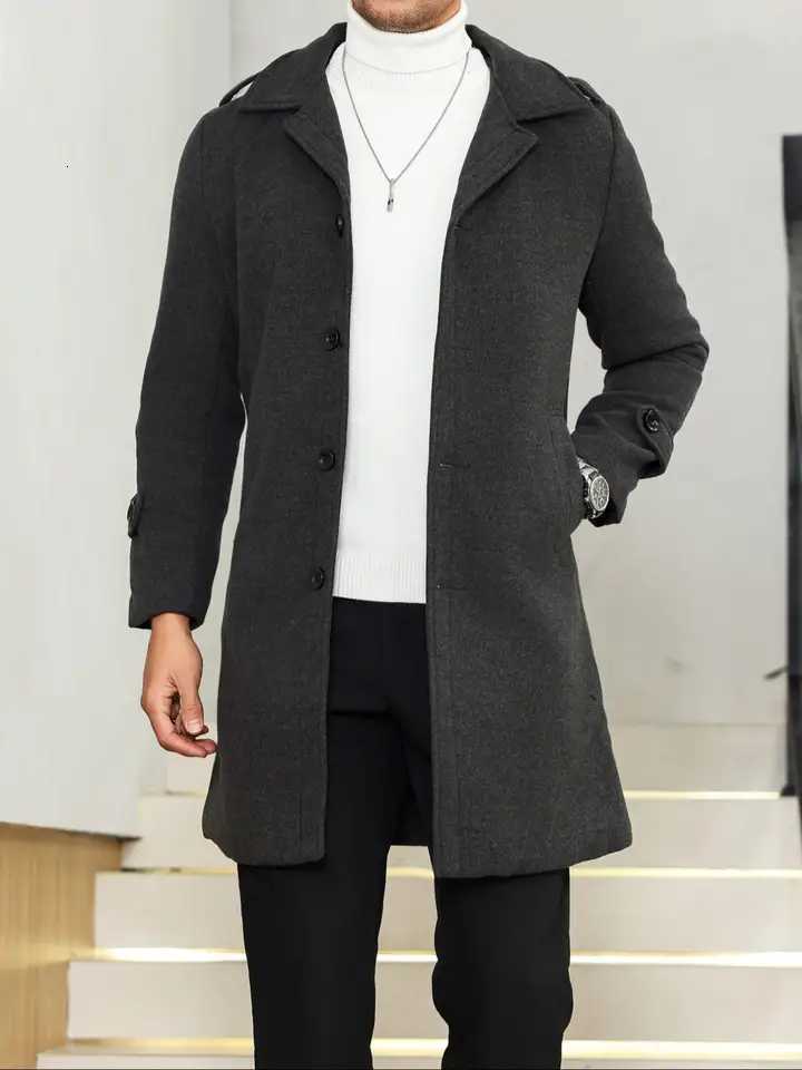 1PCS Mens Woolen Overcoat Jacket Autumn Winter Casual Long Sleeve Outerwear Lapel Pocket Design Comfortable Daily WearT251125