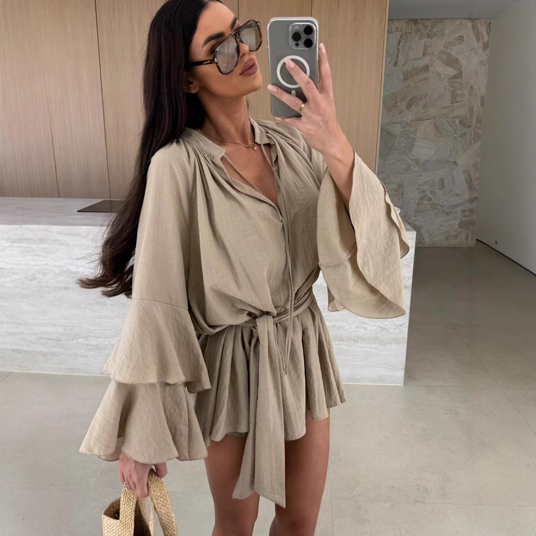 2025 new autumn solid color V-neck irregular lace up long sleeved loose dress for women