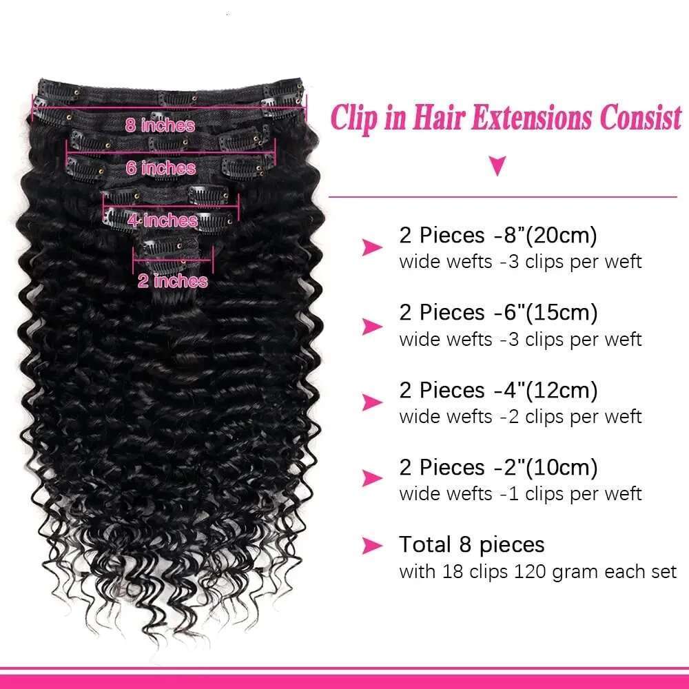 Deep Wave Extensions 100% Human Brazilian In Natural Black Color Clip Ins Remy Hair 10-26 Inch For Women