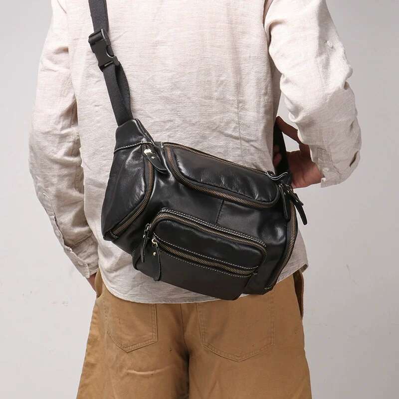 LUOKIR Genuine Men's Chest Large Capacity Oil Leather Waist Bag, Sports Cowhide Shoulder Crossbody Bag