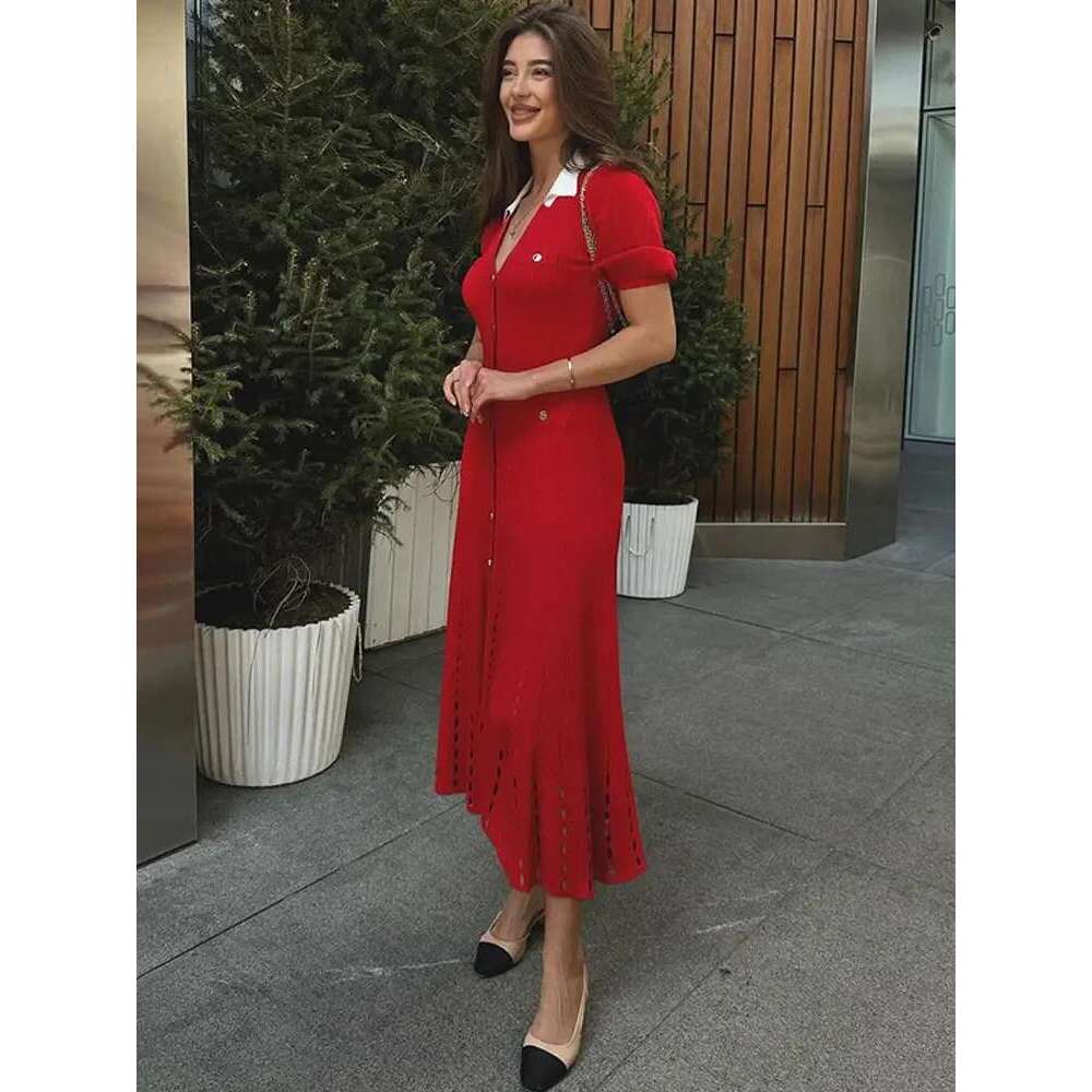 V-Neck Knit Contrast Long Women Hollow Out Lapel Fashion High Waist Elegant Party Knitwear Ladies Maxi Dress