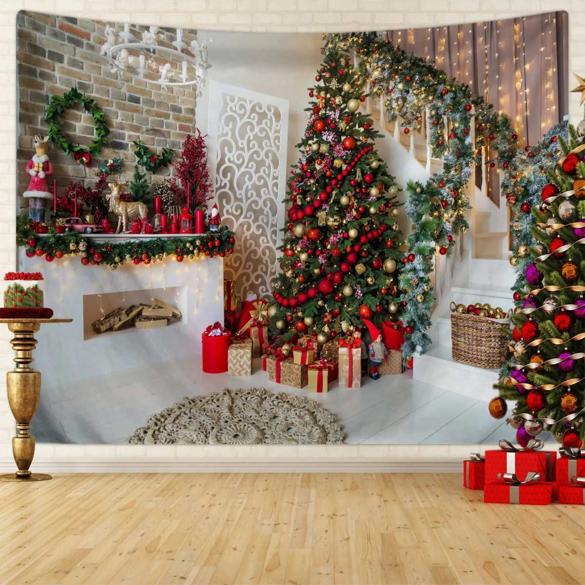 1pc Christmas decorative tapestry Christmas fireplace tapestry Christmas tree activity photography background hanging clothM251125