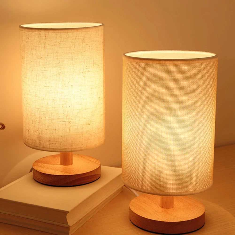 Vintage Table Lamps Wooden Desk Night Lights with Cylinder Lamp Shade Dimmer Switch For Living Room Bedroom Bedside Home DecorM251125