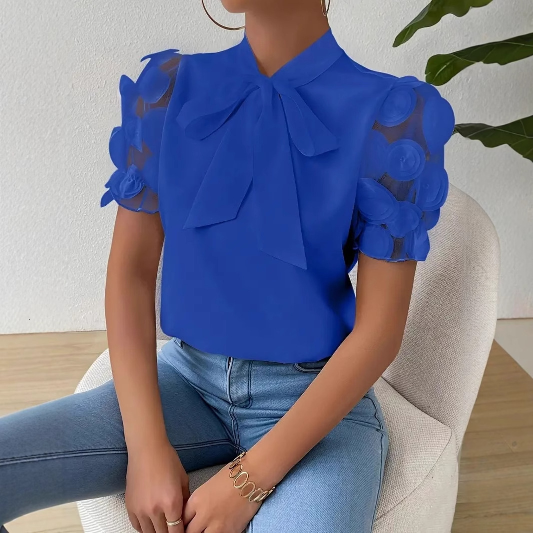 2025 New Summer Commuter Solid Color Simple Strap Bow Short Sleeve Shirt for Women