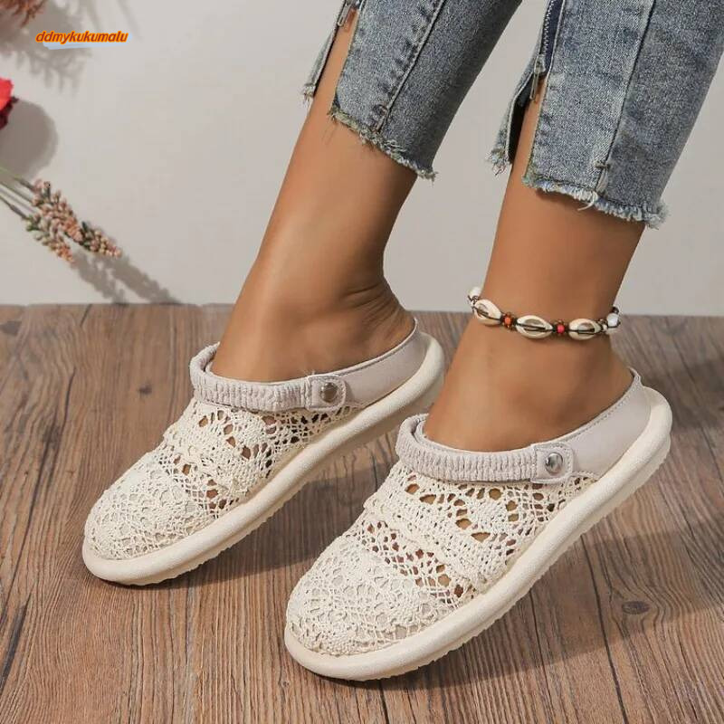 Summer Sweet Closed Toe Breathable Women Shoes Soft Sole Lightweight Flat Sandals Lace Outdoor Casual Slides ddmykukumalu