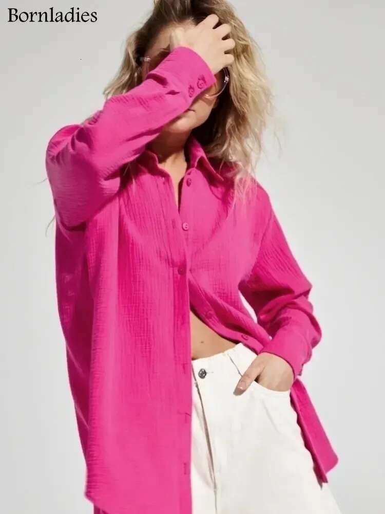 Bornladies 2025 Women's Spring Summer 100% Cotton Office Fashionable Solid Lady Long Sleeve Loose Tops Crepe Shirts