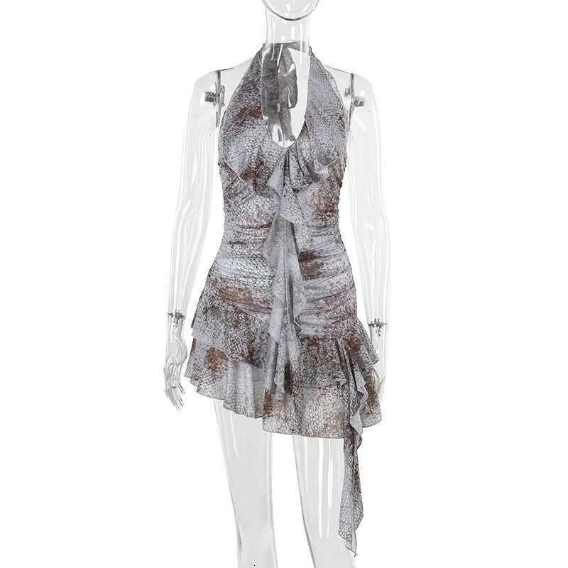 Dongdumaoyi Townlike Leopard Print Ruffles Asymmetric Dress Women Halter Mini Spring Summer Backless Nightclub Sexy Party Dresses