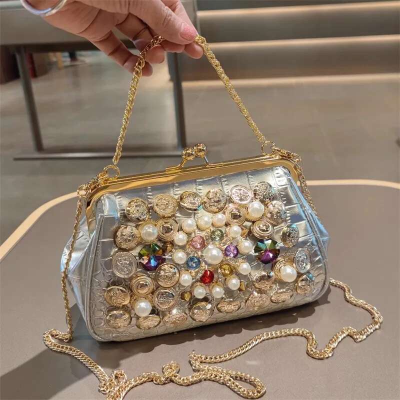 Spring and summer metal frame color pearl rhinestone crystal handbag banquet dress one-shoulder cross-body chain women's bag