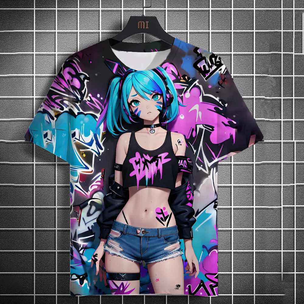 2024 Mens T-shirt Anime Character Graffiti T-shirt 3D Sexy Beauty Printed Poster Style T-shirt Trend Mens/Womens Short Sleeve Y2k Top W250425