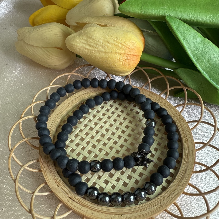 Black Stone Beaded Bracelet Set with Crown Charm - Black Dazzle Jewelry Pair