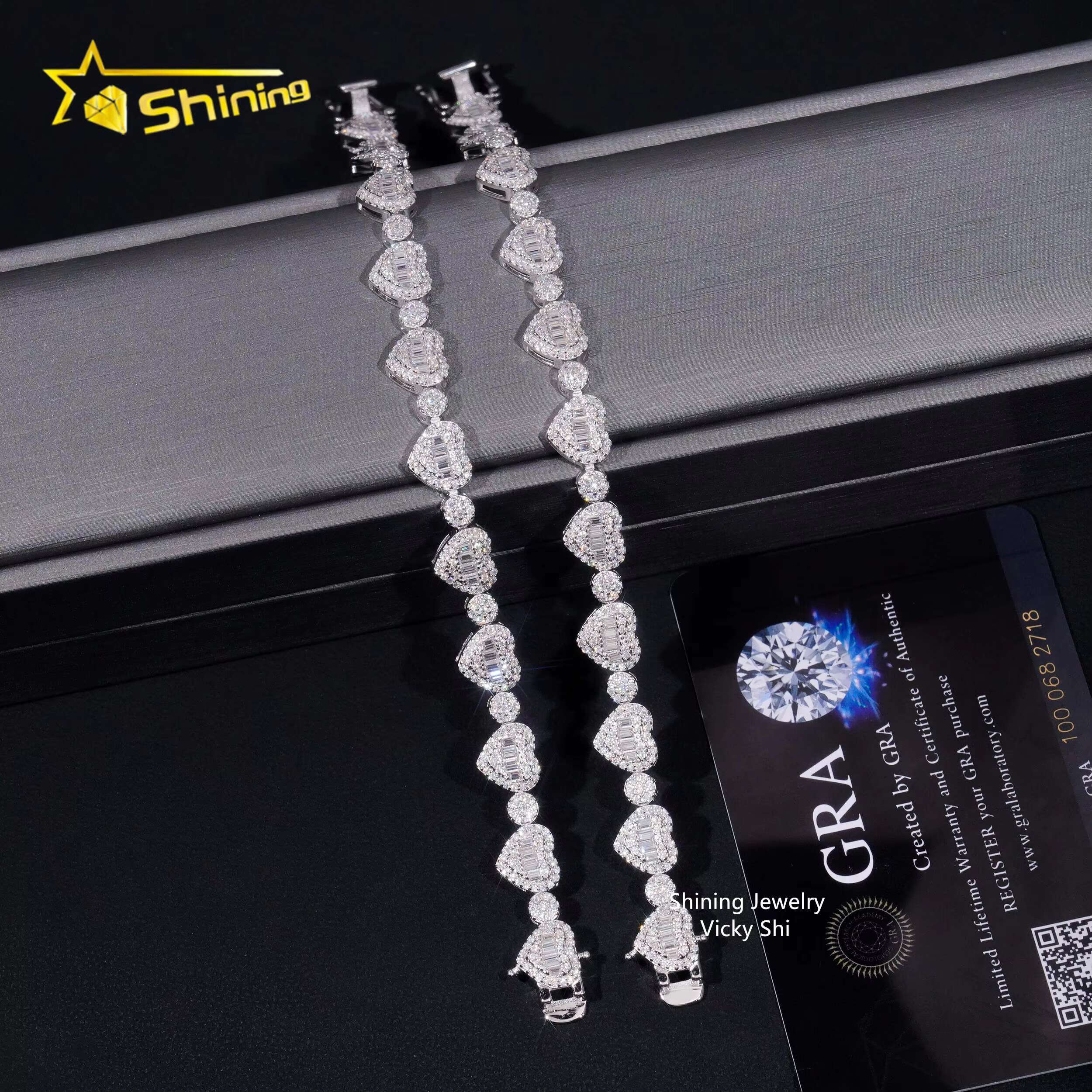 New Iced Out 925 Sterling Silver Heart Shape Moissanite Bracelet Trendy Men Hip Hop Jewelry Moissanite Cuban Link Chain