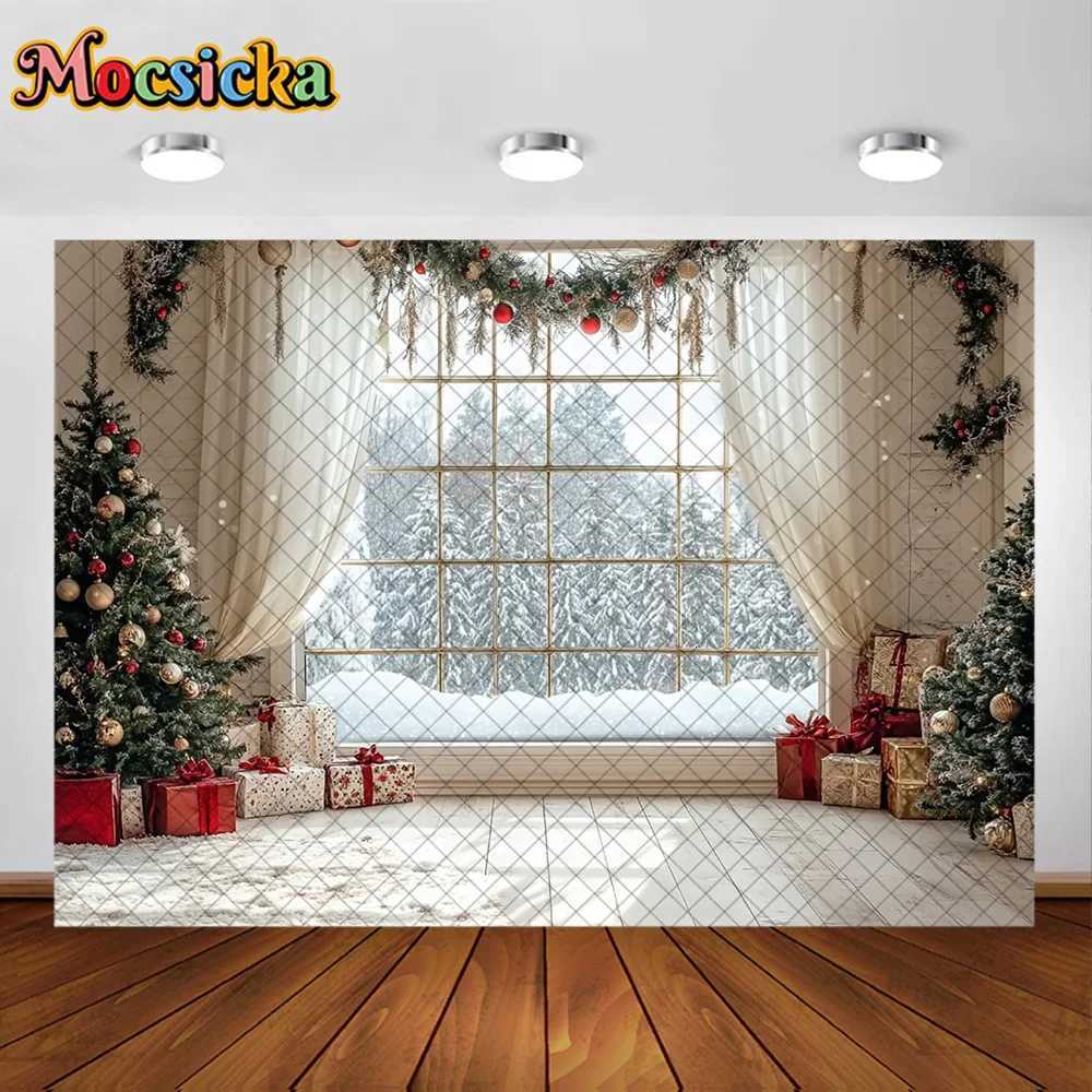 Mocsicka Photography Background Winter Christmas Tree Window Veil Decoration Backdrop Family Kids XMAS Holiday Party Prom StudioM251125