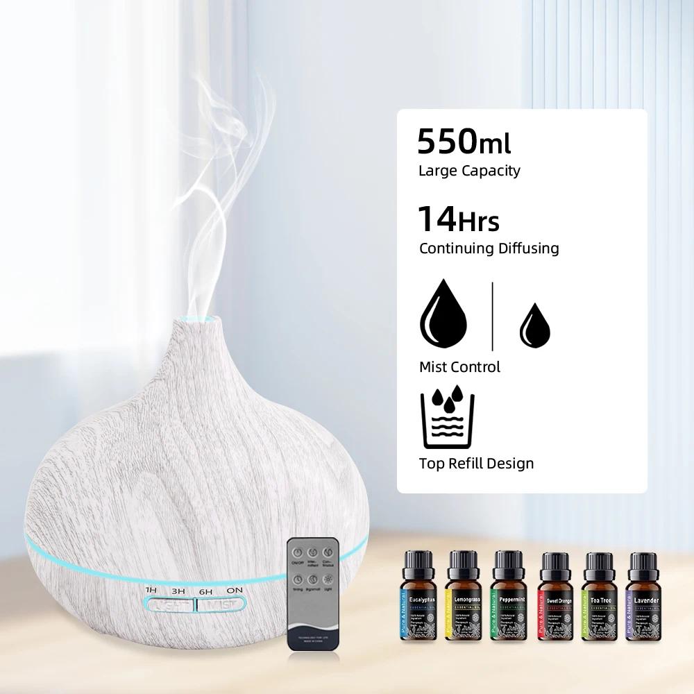 550ml Wood Grain Essential Oil Diffuser Ultrasonic Humidifier with Remote 6 Oil Bottles