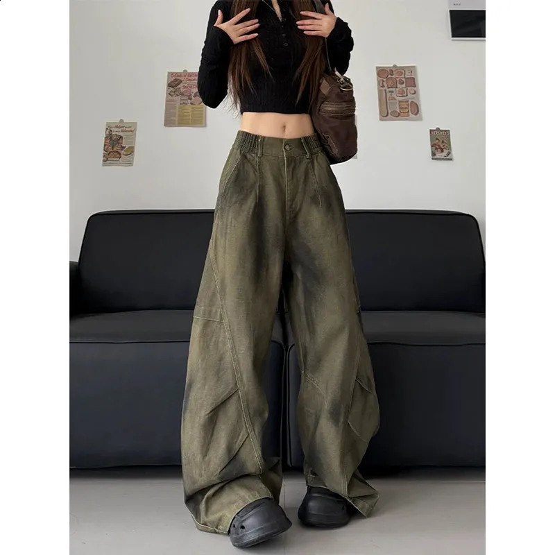 Green retro high waisted womens jeans fashion streetwear wide leg hiphop Y2K style Trouser 2025 pocket 250417