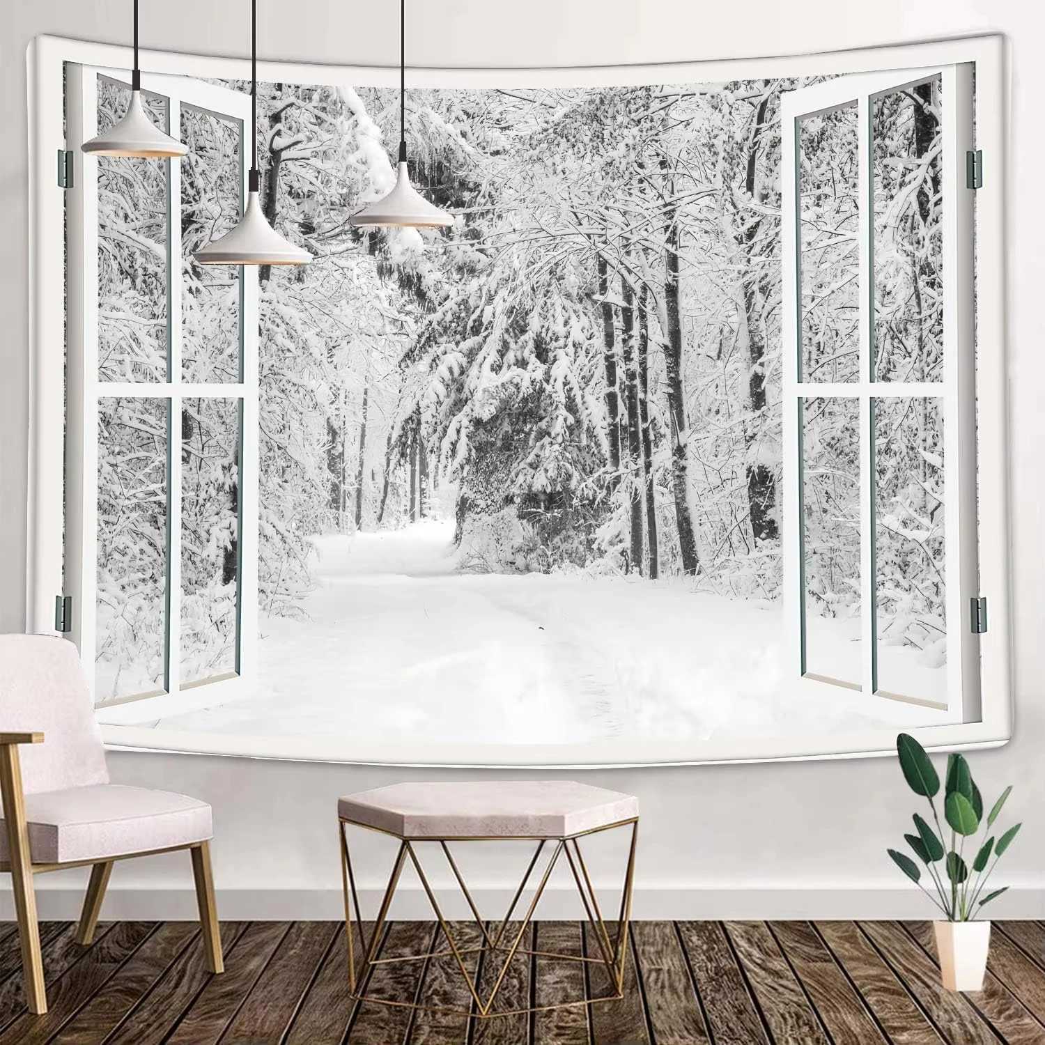 Winter Wonderland Tapestry Snowy Pine Forest Print For Bedroom Wall Decor Flat Print DesignM251125