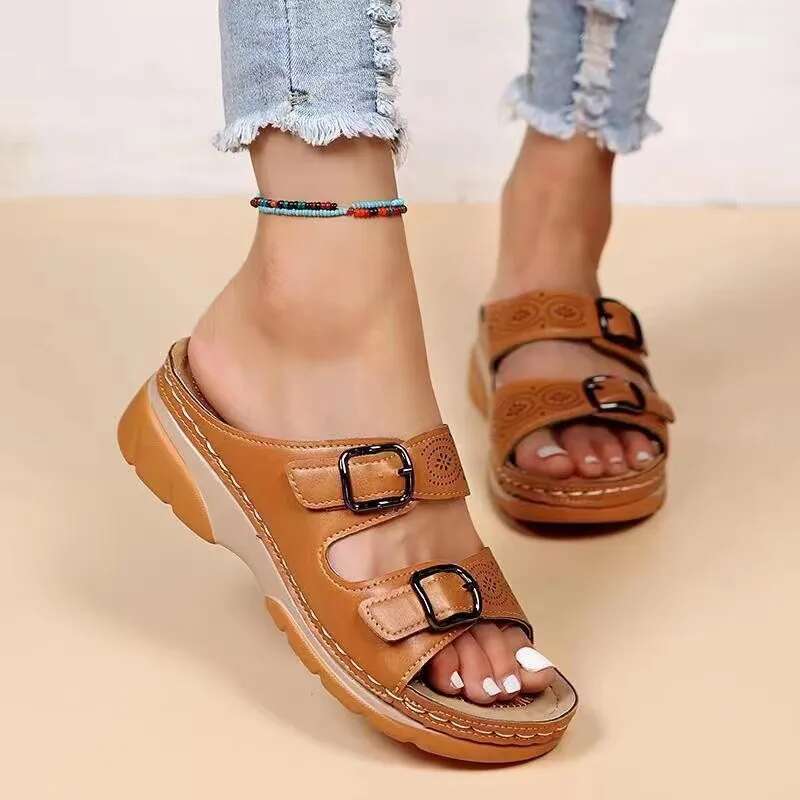 2024 Closed Toe Summer Shoes New Comfort Double Buckle Wedge Ladies Sandals Plus Size Platform Casual Slippers Women ddmykukumalu
