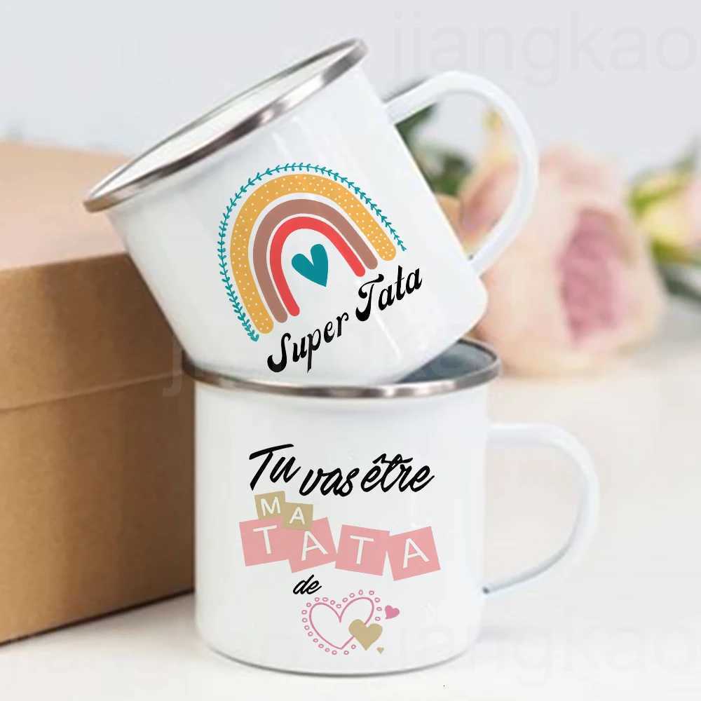 Super Tata Rainbow French Printed Enamel Cup Coffee Mug Drinks Milk Cups Camping Mugs Best Birthday Holiday Gift for Auntie Aunt Y251125