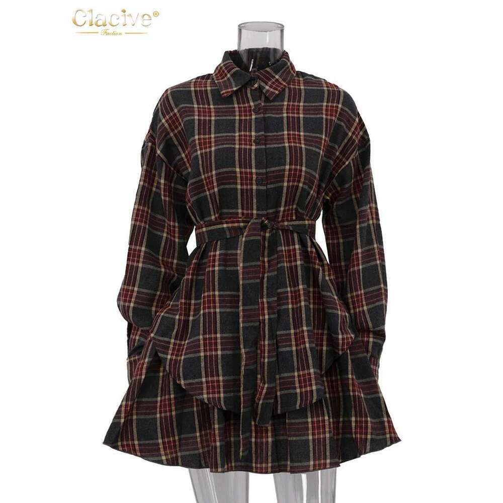 Clacive Fashion Loose Plaid 2 Piece Sets Women Outfit 2025 Elegant Long Sleeve Shirt With High Waist Mini Skirt Set Female