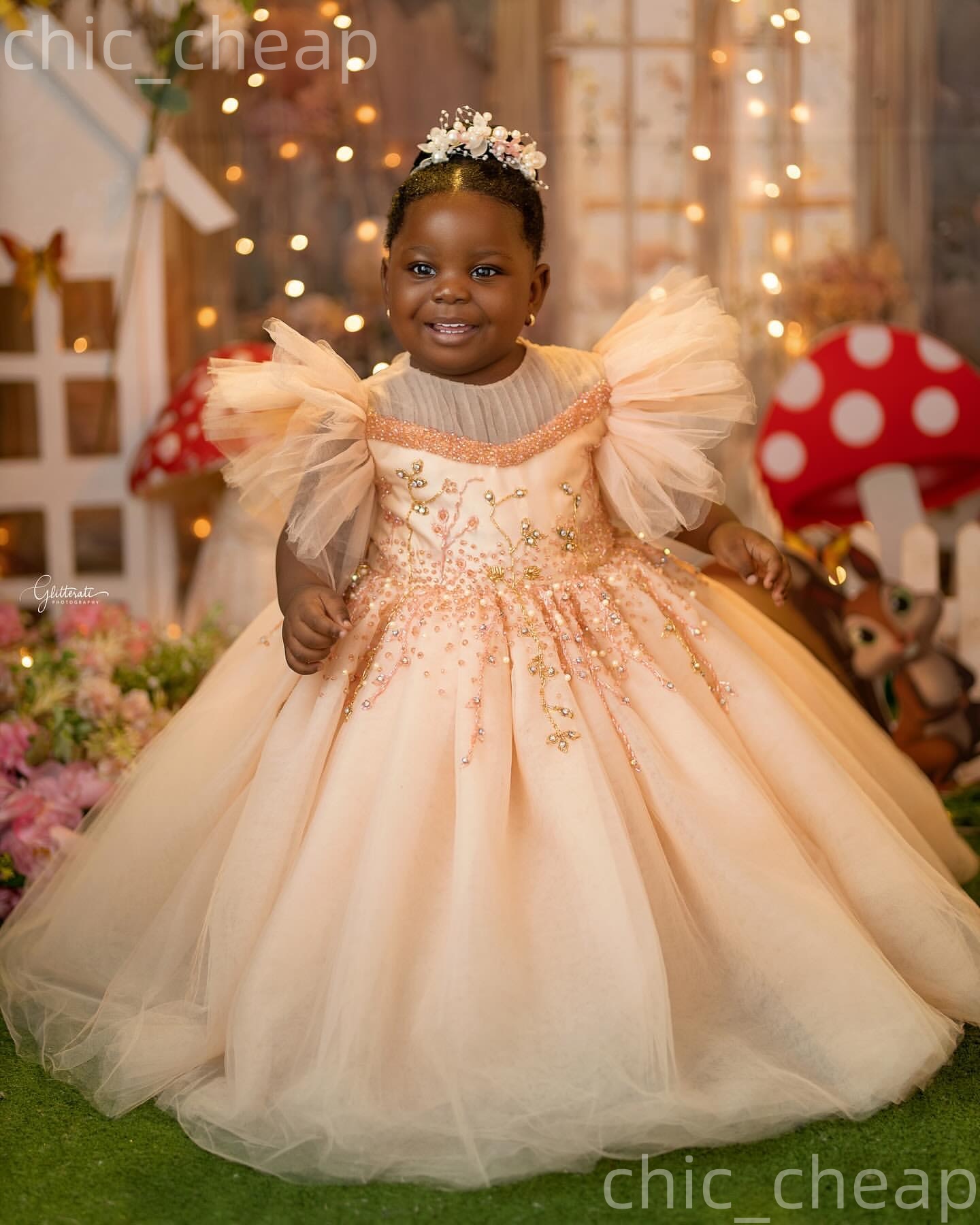 2026 Peach Ball Gown Flower Girl Dresses Beaded Crystals Sheer Neck Tulle Little Girl Christmas Peageant Birthday Christening Tutu Dress Gowns ZJ422