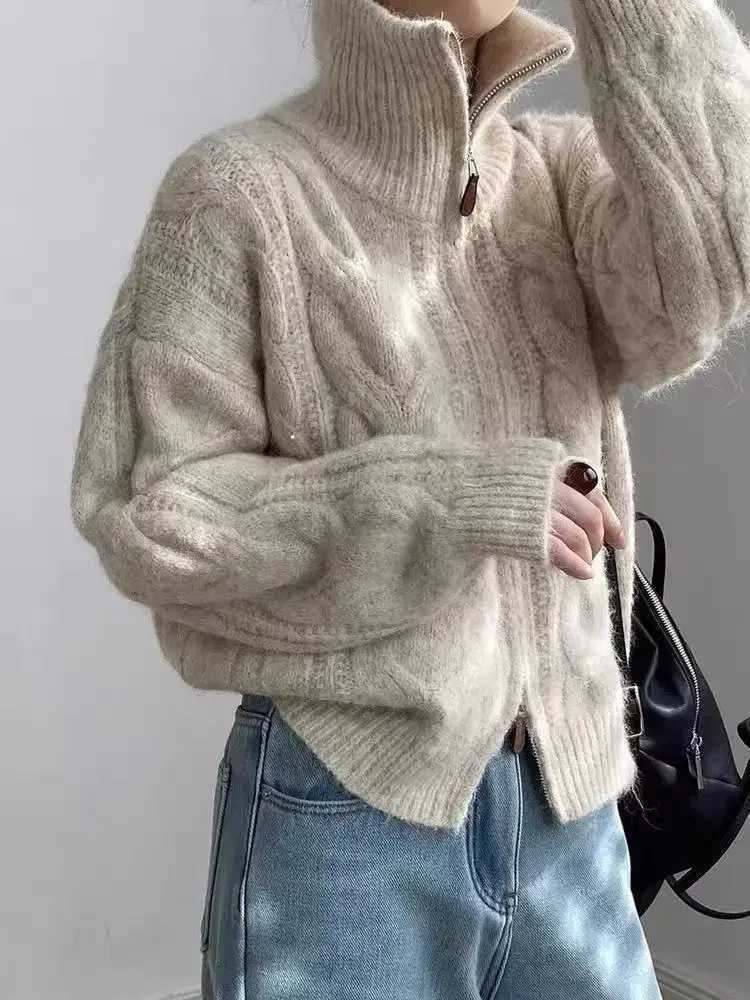 Autumn Women Turtleneck Loose Retro Knitted Jackets Winter Twist Double Zipper Cardigan Sweater New Casual Solid Office ClothingT251125