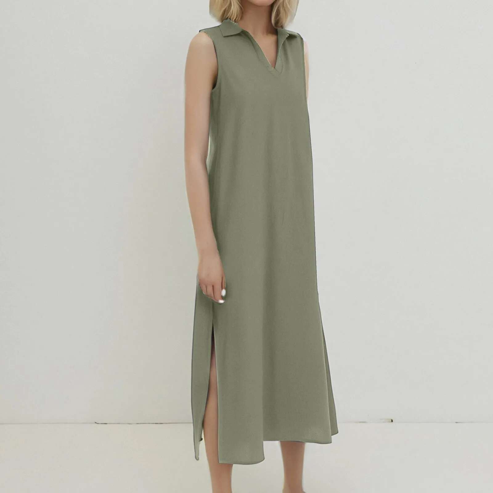 Dongdumaoyi Summer Linen V Neck Women S Sleeveless Tank Dresses New Solid Korean Casual Loose A Line Long Female