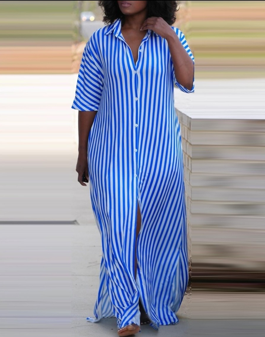 2024 Summer Fashion Loose V-neck Long Striped Shirt Dress for Women