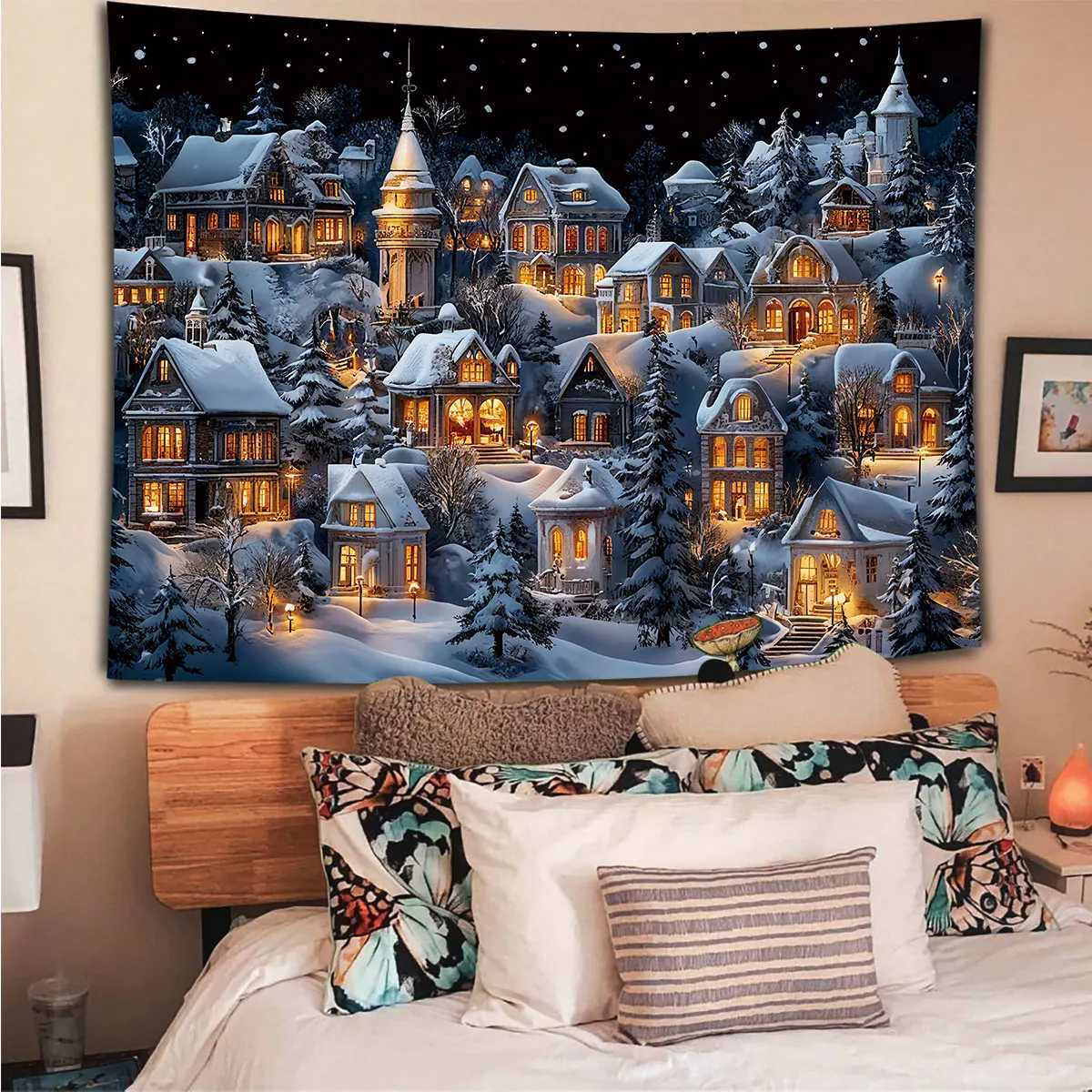 1pc Christmas Eve Snowscape Town Print Tapestry Living Room Wall Decoration Background Cloth Machine Washable Space PendantM251125