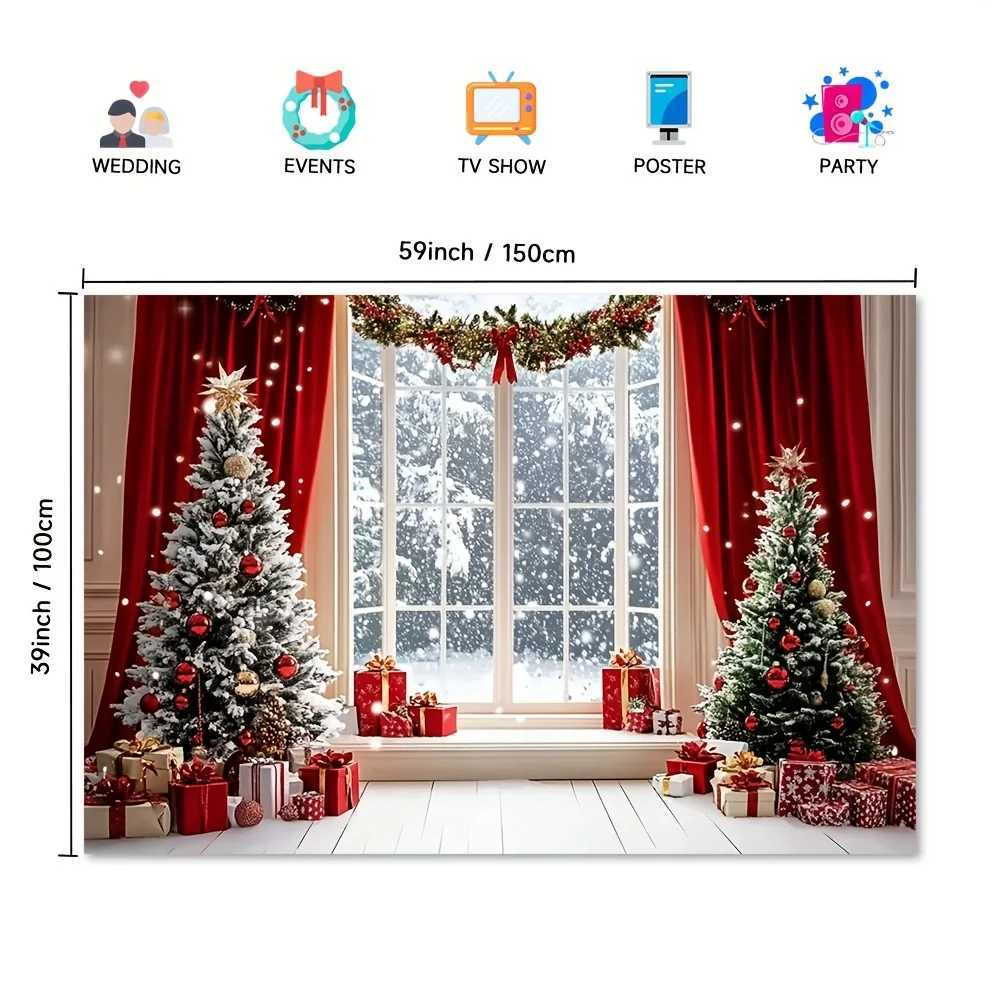 tapestry Large Wall Mural Winter Christmas Tree Snowy Window Scene with Red Curtains - 2D Flat Printing HolidayM251125