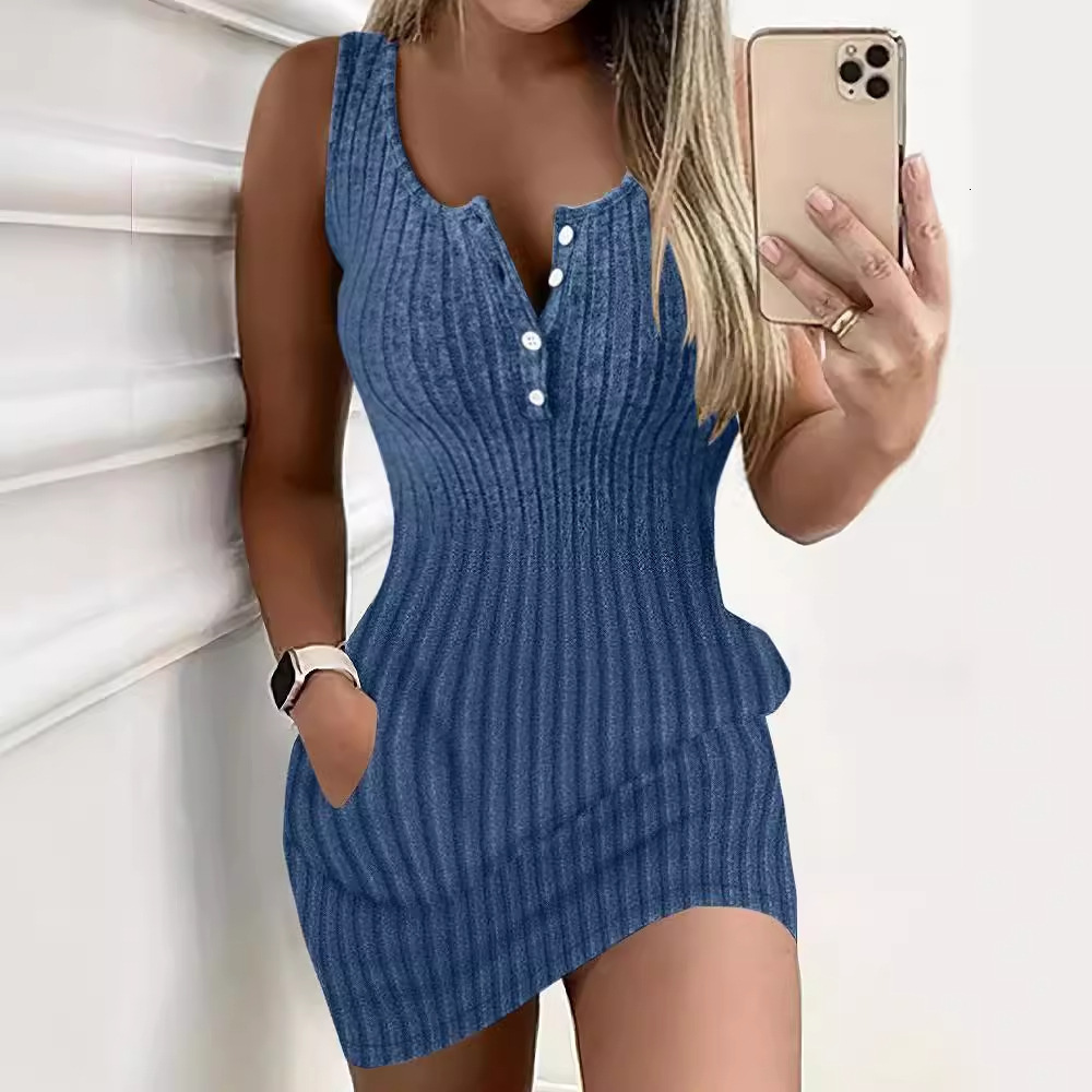 2024 New Summer Fashion Simple Solid Color Pit Strip Slimming Dress for Women