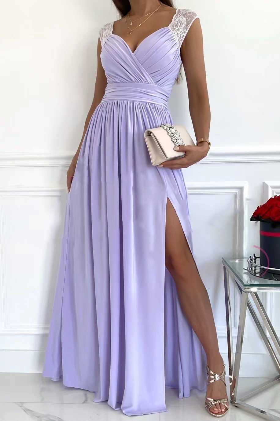 2022 sleeveless lace backless hem split womens dress