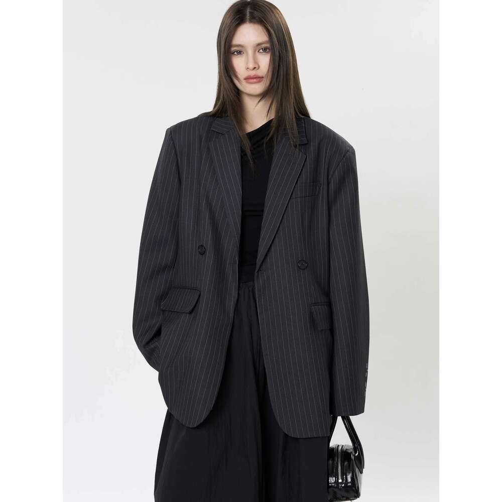 Women's Casual Striped Pocket Decoration Double Breasted Loose Jacket Blazer