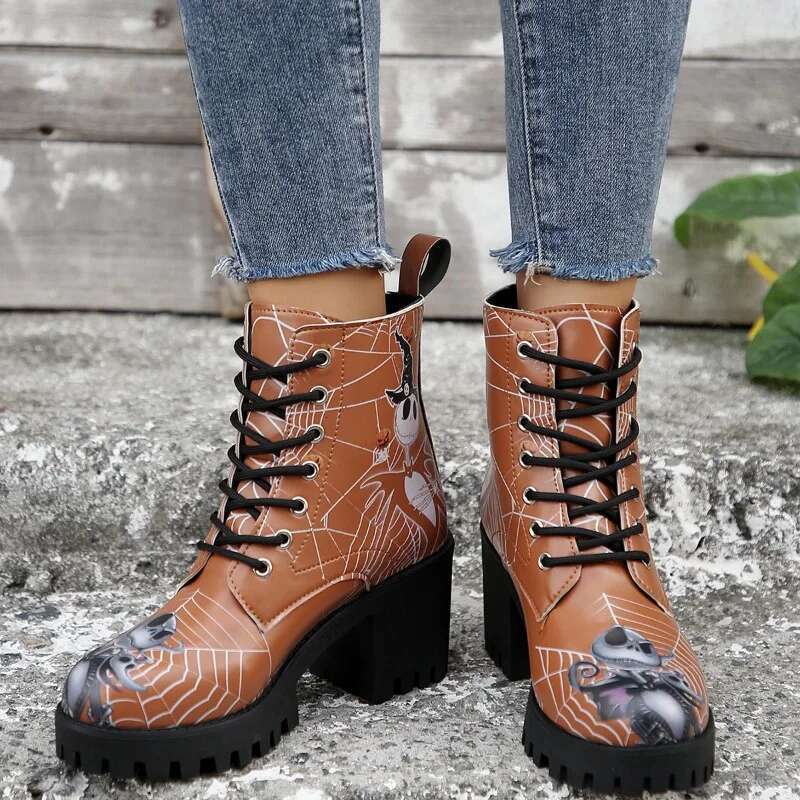 Halloween Skull High-Heeled Short 2024 Winter Item Thick Heel Print Design Versatile Fashion Women's Boots Zapatos Mujer