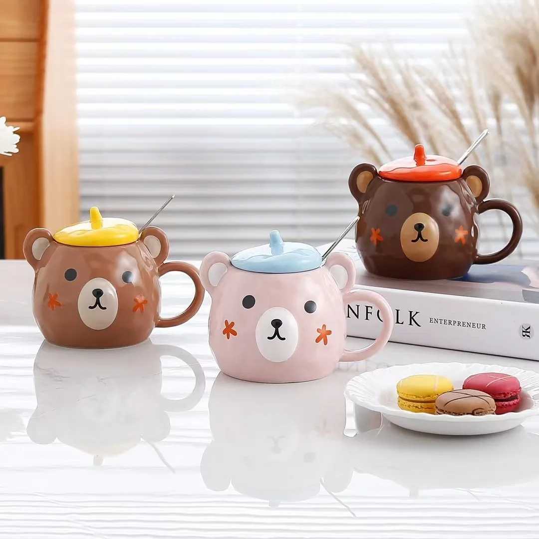 Bear Mug Cartoon Honey Bear Ceramic Water Bottle with Lid and Spoon Kawaii Office Home Coffee Cup Lovers Holiday Lovely Gift Y251125