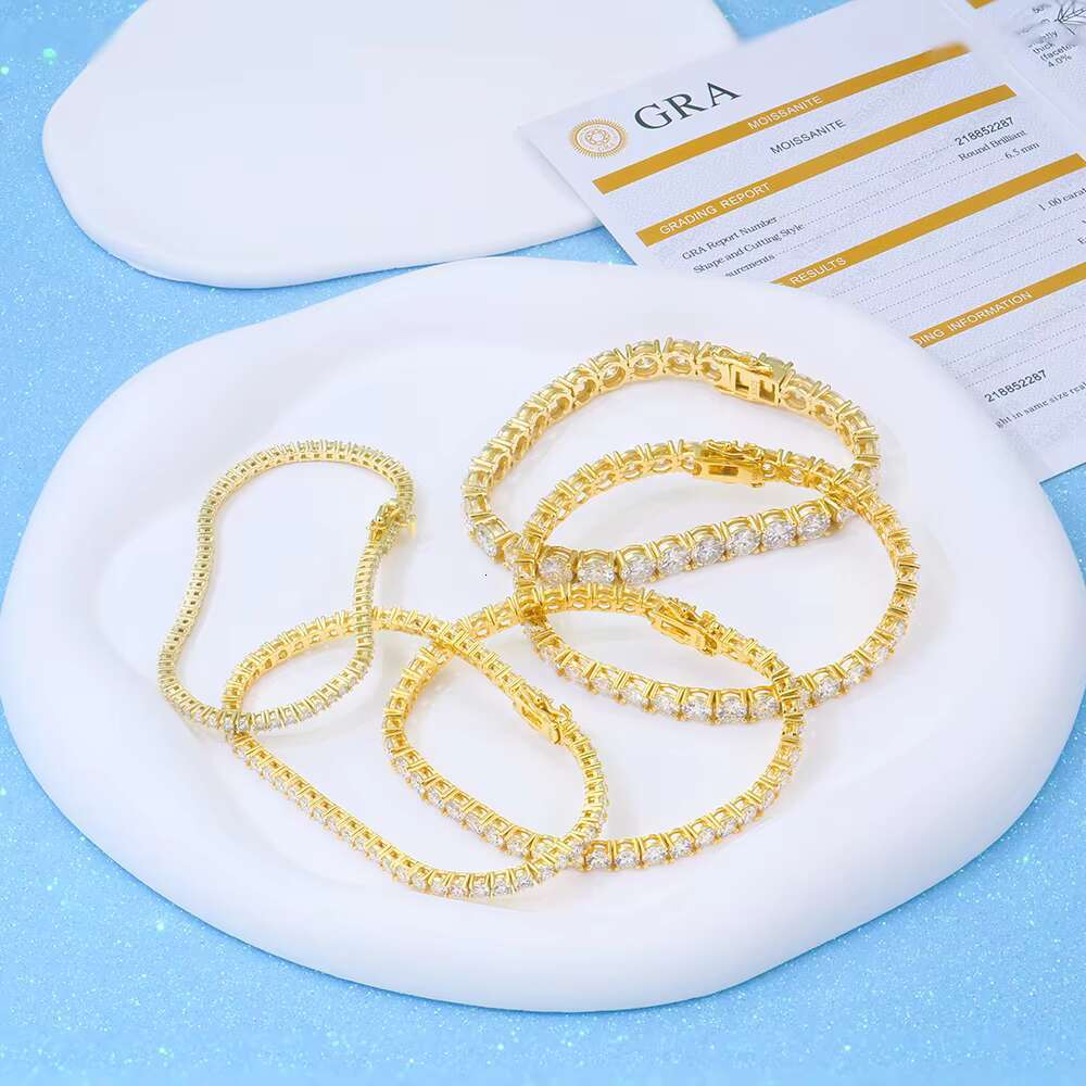 High Quality Yellow Gold Plated Bracelet 2mm -6mm Silver 925 VVS1 Moissanite Round Shape Tennis Chain Bracelet