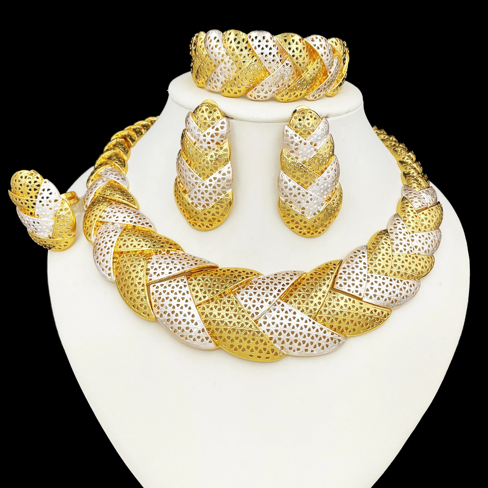 Italy 18k Gold Plated Women Jewelry Set Classic Two Tone Round Necklace Earrings Bangle And Ring Full Set Jewelry 250417