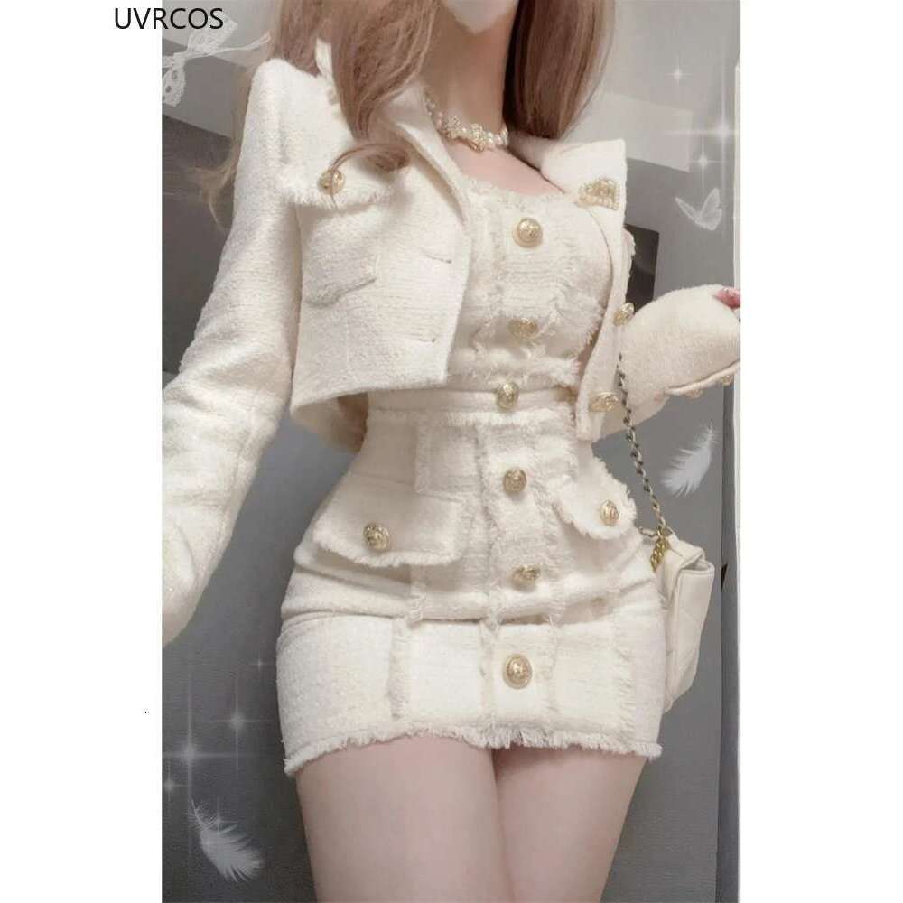 Korean Style Elegant Vintage Two Piece Set Women Sweet Woolen Short Jackets Tassel Design Mini Dress Suit Female Fashion Outfi