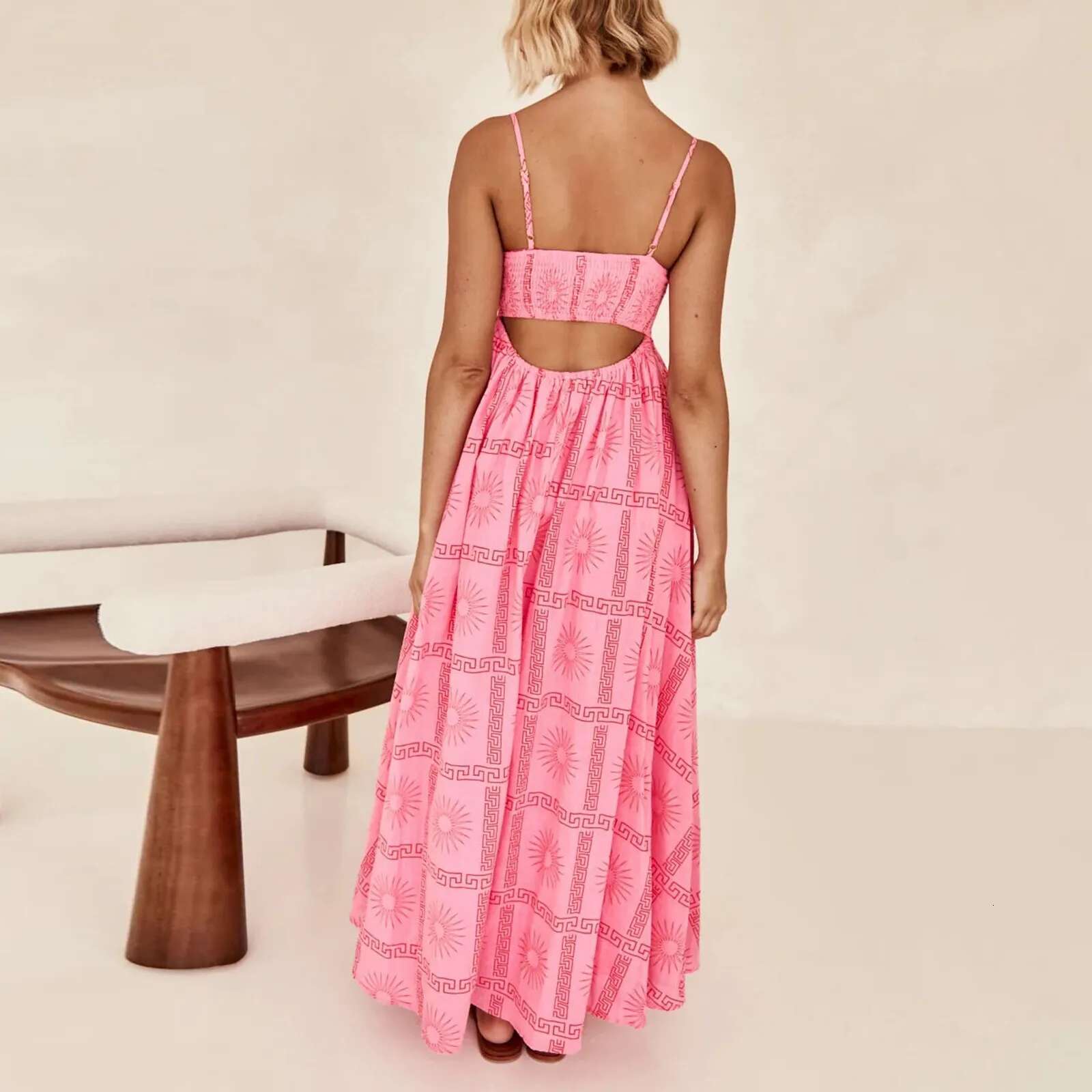 Dongdumaoyi Women High Waist Holiday Evening Dresses Print Strap Dress Sleeveless Backless Female Striped Flower Elegant A Line Lady Robe