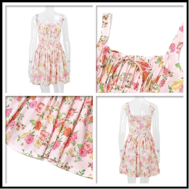 Dongdumaoyi Townlike Waist Wrap Pleated A Line Dress Women Spaghetti Strap Mini Spring Summer Print Backless Sexy Party Dresses