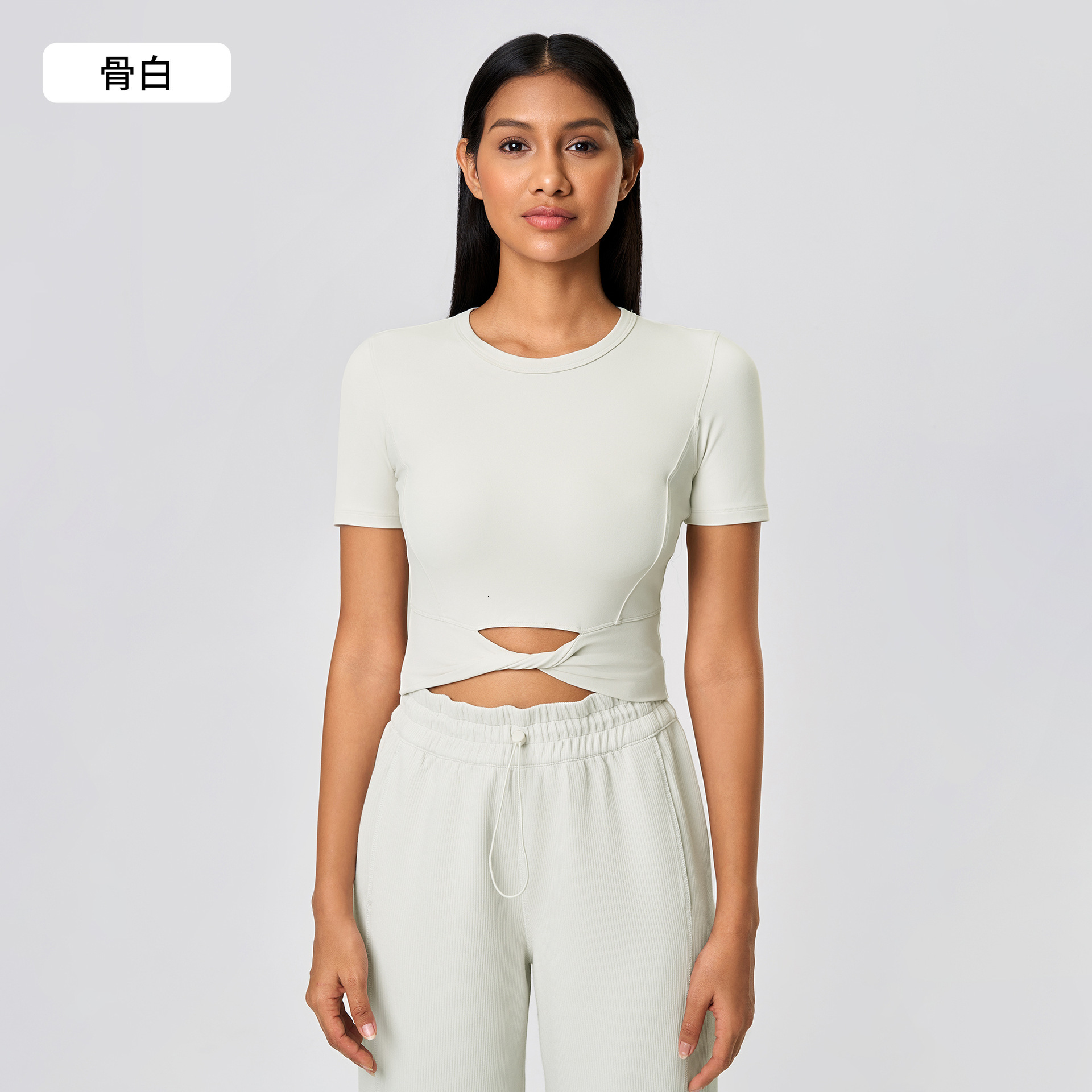 New Free Delivery Designer Shoes By 2025 Summer Nude And Skin Friendly Yoga Suit Top, Cut With Exposed Navel, Personalized Twisted Sports Short Sleeve