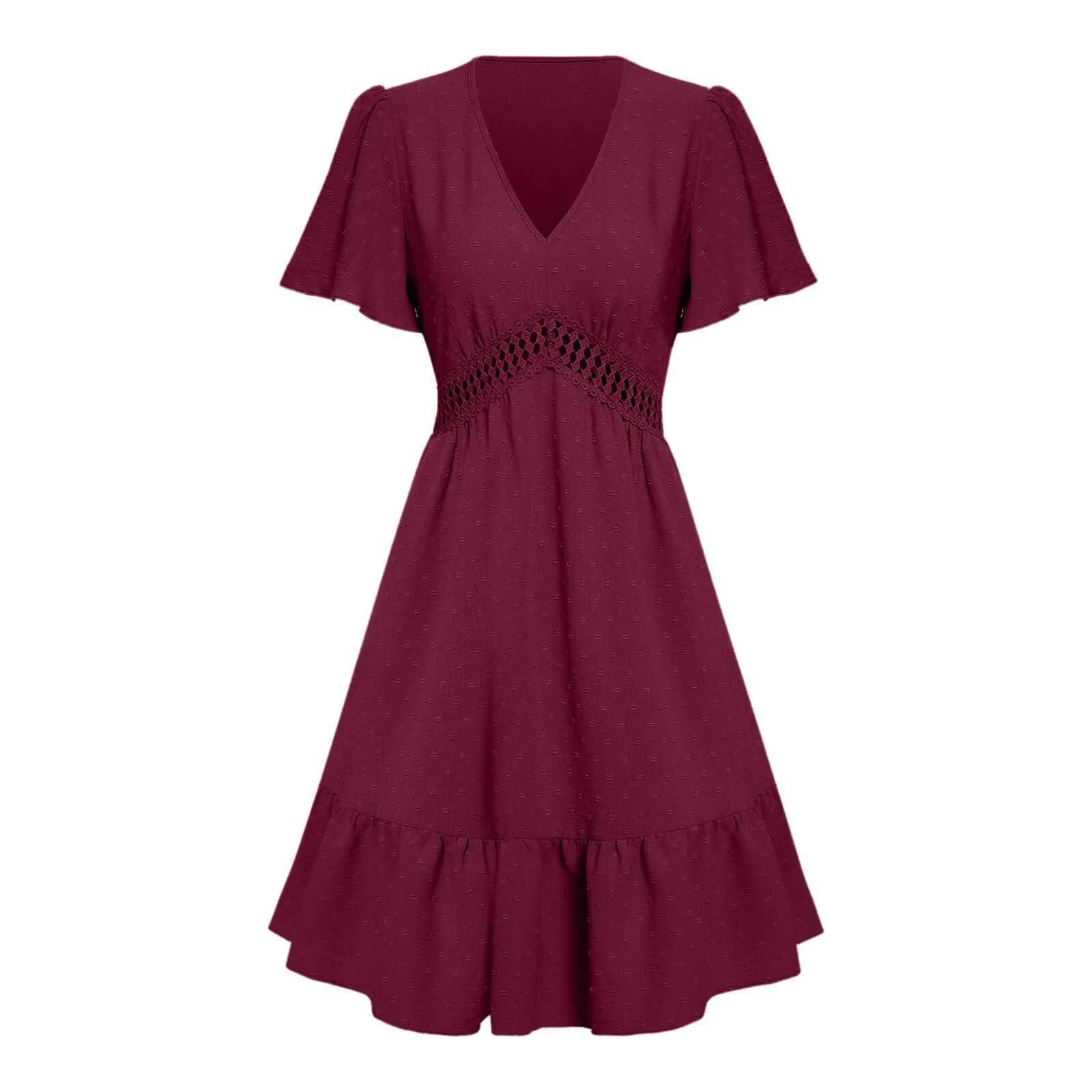 Dongdumaoyi Women Summer Beach Dress Dots Short Sleeve Casual V Neck Elastic Waistband Ruffled Edge Folds Skirt Regular